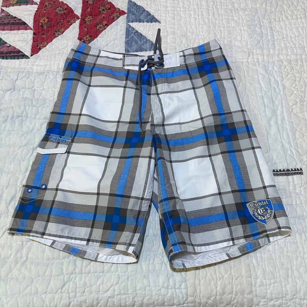 Ezekiel Board Shorts Blue White Grey Plaid Size 32 Mens Surf Swimwear